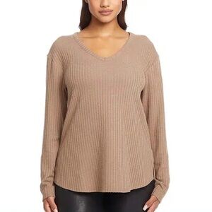 CHASER Tan Waffle knit Ribbed V-Neck long Sleeved top